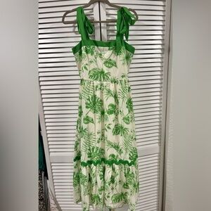 Flying Tomato Green Tropical Print Midi Dress Tie Shoulder | Size Small